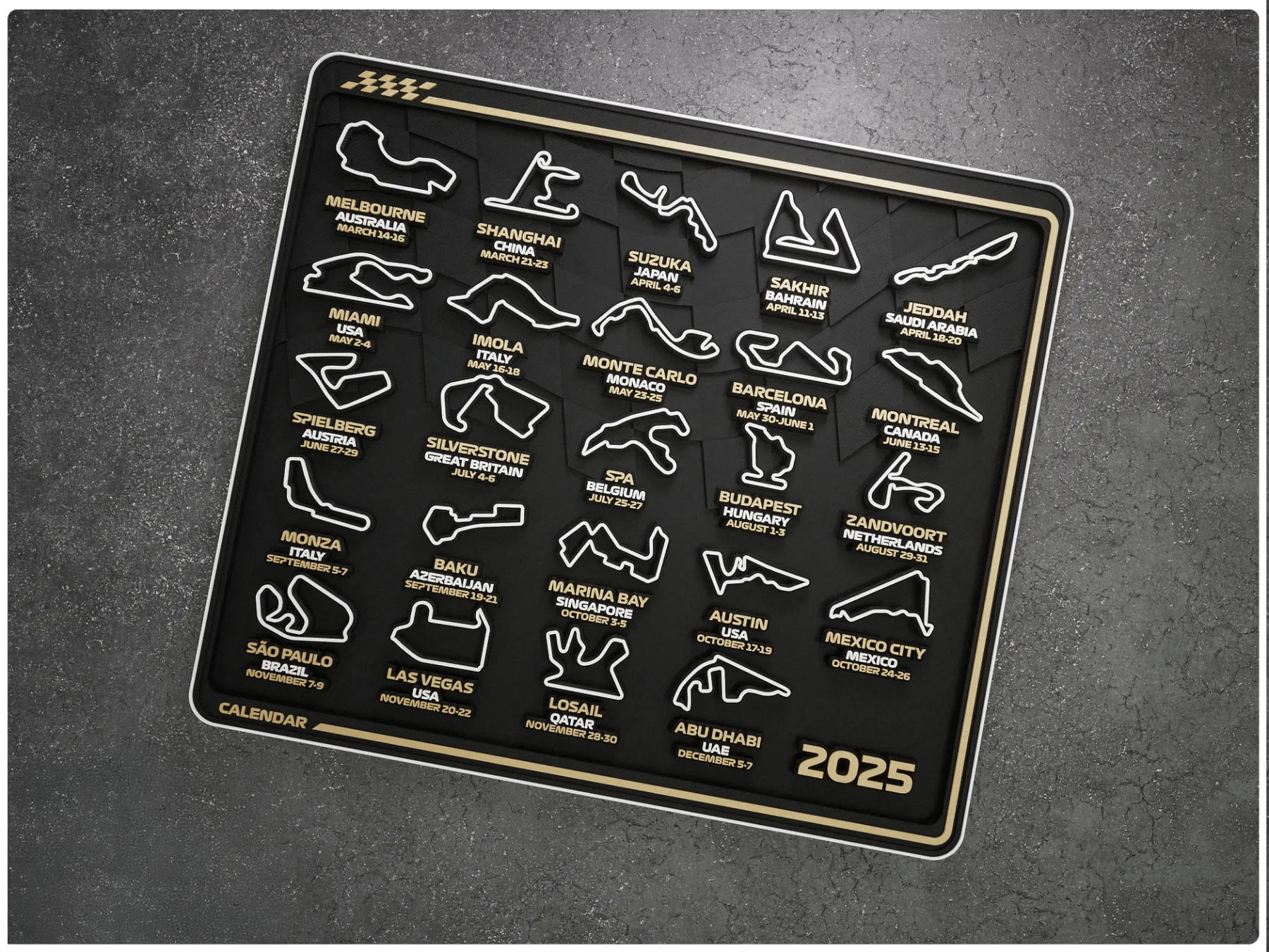 Formula 1 2025 Yarış Takvimi – 3D Pist Panosu (Tüm Sezon Pistleri ve Tarihleri) - Otoban Faresi Araba & Motosiklet Aksesuarları - otobanfaresi - 3d formula1 - formula1
