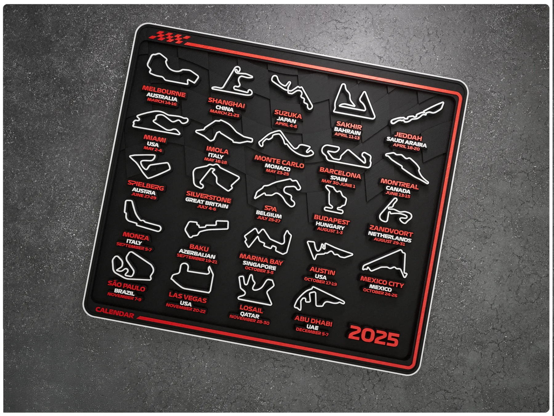 Formula 1 2025 Yarış Takvimi – 3D Pist Panosu (Tüm Sezon Pistleri ve Tarihleri) - Otoban Faresi Araba & Motosiklet Aksesuarları - otobanfaresi - 3d formula1 - formula1